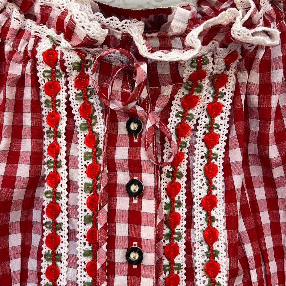 Fuchs Red and White Gingham Crochet Trim Lace-Up Back Off Shoulder Peasant Top - Picture 2 of 12